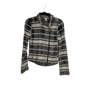 Lucky Brand Moto Jacket‎ Womens M Black Gray Plaid Knit Full Zip